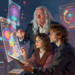 illustration of h. r. giger and raphael and liliia sitailo, artist paint in air colorful elements of bright sci - fi hologram elements, dramatic, sharp focus, depth of field, highly detailed, artstation, digital art, volumetric light, dynamic, expression
