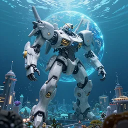 an underwater city comprised of light built with magic in the side of a giant mech trying to save the planet, set in the distant future, plants, light prisms, rainbow diffraction, steampunk, cyberpunk, robots, warm lights, anime, vhs distortion, art style mimics starlight brigade by game grumps