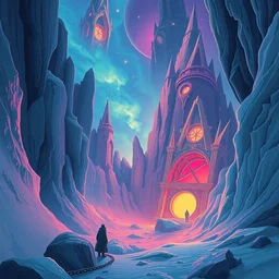 a psychedelic realm in an icy land untether to time wrapped in chains holding it captive to reality ~ by petros afshar ~ ross tran ~ tom whalen ~ peter mohrbacher ~ artgerm