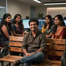 vinod enjoying on bench with ladies of the software company.