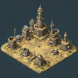 abandoned dystopian dusty mecha town, isometric game asset, studio ghibli, itch io, sprite