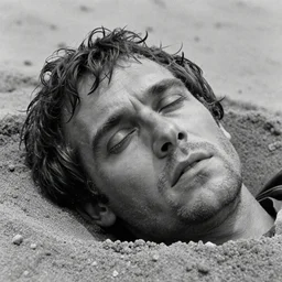 1 9 6 0 s movie still close up of marcus atilius regulus'face with the eyes sew wide open, his body buried in the sand, cinestill 8 0 0 t 3 5 mm b & w, high quality, heavy grain, high detail, texture, dramatic light, anamorphic, hyperrealistic, detailed hair