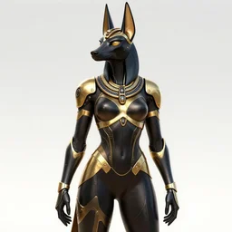 female anubis wearing black and gold cybertech armor. character design by charlie bowater, ross tran, artgerm, and makoto shinkai, detailed, inked, western comic book art