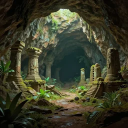 interior of a cave with ancient ruins and plants, retrowave epic art, trending on artstation, cgsociety