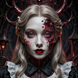 alice from alice in wonderland at the dark carnival, highly detailed, artstation, intricate, smooth, sharp focus, dark, horror, illustration, art by greg rutkowski and yuumei, good clear quality, lighting, biology, symmetrical artwork, perfect face, 1 3 5 mm, cinematic, hyper realism, high detail, octane render, 8 k, crimson highlights