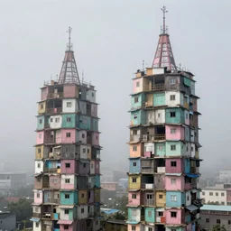 two towers, made up of makeshift squatter shacks with pastel colours, misty, dystopia, mamiya rb 6 7, fully frontal view, very detailed, photographed by jeanette hagglund