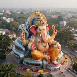 beautiful futuristic new delhi, sharp sci - fi ganesha!! building, kalighat flowers, octane highly detailed cinematic, stephen shore & john j. park, soft morning light, wide shot, aerial shot, uhd 8 k, shallow depth of field