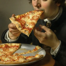 Dutch oil painting from 1600s: Closeup of person eating a slice of pizza