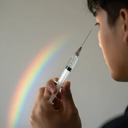 a man injecting a syringe of rainbow