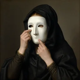 a cloaked woman removes a mask from her face, by jan van eyck,