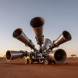 robots with large diameter extrusion nozzles printing a massive structure connected to the earth in the australian desert,  XF IQ4, 150MP, 50mm, F1.4, ISO 200, 1/160s, dawn