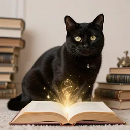 portrait of the magical black salem cat with magic books