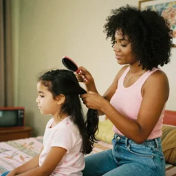 afro woman brushing her daughter's hair, retro room, 8 0 s, nostalgic, disposable film