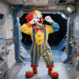 a space clown honking around in a space station