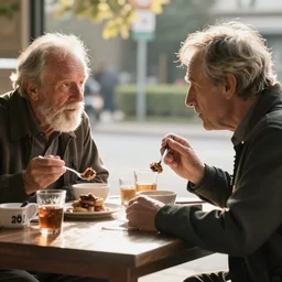 movie scene of two old men eating breakfast, warm lighting, sunny day, dark knight ( 2 0 0 8 ) set in 1 9 7 9, california. liminal space. fred herzog. light fog, steam lit by red neon outside.