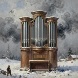 pipe organ in winter, fantasy, medieval, grey smoke highly detailed, Artstation, oil on canvas painting by Canaletto and alan lee