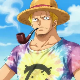 One Piece Anime key visual of a large man with blonde hair, blue eyes and a bushy beard, wearing a tie dye t-shirt and a straw hat while smoking a pipe in the style of Eiichiro Oda