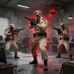 zombie police officers ( beige uniform and caps ) wield ( uzis ) in ( brutalist concrete gray office ) ( floating in red spectral aura ) trending on artstation high detail digital painting 4 k 8 k hd