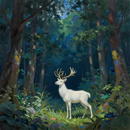 Magical White Stag in the distance, lush evergreen forest, vivid colors, night scene, 4K, character concept art, oil painting, digital painting, painterly, cinematic lighting, rule of thirds, trending in artstation, cgsociety, by anato finnstark, Artgerm, Greg Rutkowski, Joseph Christian Leyendecker