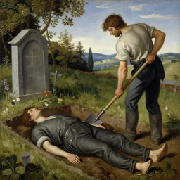 a man with a shovel standing digging up a grave with a dead body, by Nicola Samori, painting, 8k, high detail