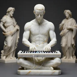 a statue made of white marble with gold veins, of steph curry playing a modular synthesizer with wires and knobs and flashing lights, transhumanism, full body shot, perfect symmetrical body, perfect symmetrical face, hyper realistic, hyper detailed, by johannen voss, by peter kemp, by monia merlo, by michelangelo, by ernst haeckel, by alex grey, octane render, blender, 8 k