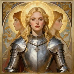 masterpiece head-on symmetrical centered painted portrait, Imogen Poots and Elisha Cuthbert as a holy warrior, blonde hair, holy light halo, glorious, sacred, wearing full metal armour, elegant, distant, in the style of Edgar Maxence and Ross Tran and Zdzisław Beksiński and Michael Whelan and Mucha, 8k, octane render