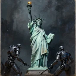 grim oil painting of a destroyed statue of liberty in a dark future, robot war, magali villeneuve, trending on artstation