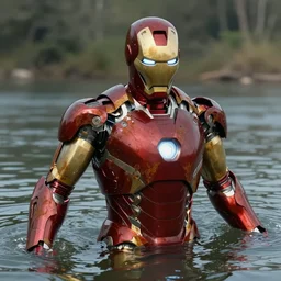 A rusted Iron Man suit half submerged in a river