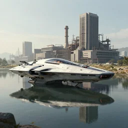 A concept art of a spaceship, lake, reflection, factory, brutalism architecture, futuristic design, by Sparth.