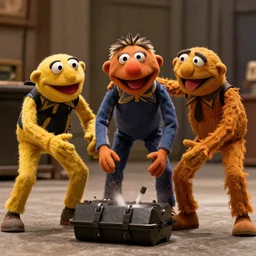 muppet puppet gonzo special forces trying to diffuse an ied. action movie scene photograph.