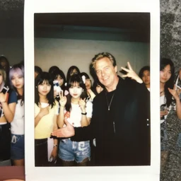 mike ehrmantraut takes a photo with cute anime girls, 35mm film photograph