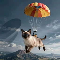 a Siamese cat skydiving parachute open