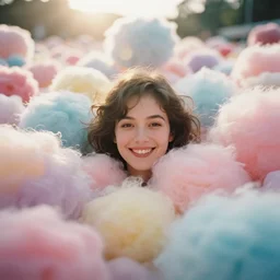 A vintage analog head and shoulder frontal face portrait photography of a happy woman surrounded by thousand! fluffy soft giant! oversized pastel colorful cotton balls all around by tim walker. Kodak Portra 800 film. shallow depth of field. (Depth of field). whirl bokeh!!. Golden hour. detailed. hq. realistic. warm light. muted colors. Filmic. Dreamy. lens flare. Mamiya 7ii, f/1.2, symmetrical balance, in-frame