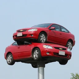 2007 red Chevy cobalt stuck atop a light post