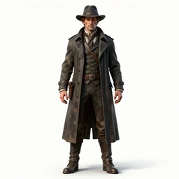 battle-worn victorian ghost hunter, detailed 3d character render, full body, standing, isolated on a pure white background, centered, whole figure in frame, sharp focus, studio lighting