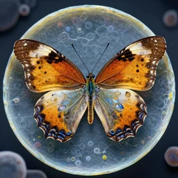 a giant butterfly in the microscopic world, electron microscopic microscope, chemicrystallization, houdini vfx, realism, photography works, by gustav klimt