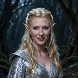 portrait of mischievous, dangerous Cate Blanchett's young Galadriel as a queen of elves, dressed in a refined silvery garment. The background is a dark, chilling eastern europen forrest.  night, horroristic shadows, higher contrasts, (((lumnious))), theatrical, character concept art by ruan jia, thomas kinkade, and J.Dickenson, trending on Artstation