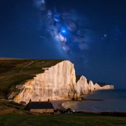 a nighttime landscape photo of the seven sisters cliff faces in cuckmere haven, famous composition with cottage, in the sky is a deep astrophotography image of the pleiades cluster, 6 bright blue stars shining brightly, lpoty, award winning, beautiful, astronomy photo of the year