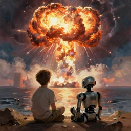 a boy and a robot sitting and looking a nuclear explosion from far away, artwork by jmw turner
