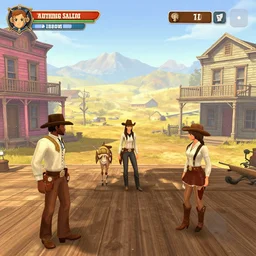 screenshot of gameplay dating simulator game set in 1 8 7 1, interior of old west saloon, featuring african american and japanese cowboys and cowgirls in ghost town with buildings painted bright pastel colors, morning light with mountains in the background