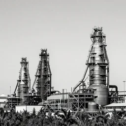 a forest of blast furnaces, steel mill, daylight, black and white, photography, bernd and hilla becher