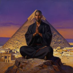 a dark orientalist portrait of an arabic style kung fu - monk meditating on top of a pyramid overlooking the ancient city of petra at dusk, painted by anders zorn and craig mullins