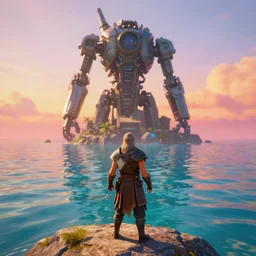 full length portrait of a male warrior exploring a tall mysterious mechanical contraption near the ocean with clear water, rendered in bryce 3 d and daz, ray - tracing, water ripples, sunset, vibrant color, depth of field, cinematic lighting, focused, rule of thirds, trending on artstation