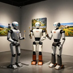 photo of robots in a gallery holding paintbrushes against photos of natural landscapes, dramatic lighting, 4 k