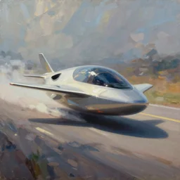 minimalist flying car speed  concept art oil painting by john berkey , loosely  detailed, brush hard