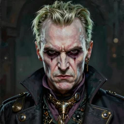 portrait painting of a scowling dieselpunk ralph fiennes as voldemort, sharp focus, award - winning, trending on artstation, masterpiece, highly detailed, intricate. art by josan gonzales and moebius and deathburger