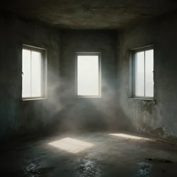 an eco brutalist room with small windows, dramatic lighting, hyper realistic, photography, 3 5 mm, kodak film, 8 k, octane render, unreal engine render, concept art, volumetric lighting, foggy