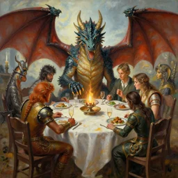 dragons around a table playing dnd, painting by raphael lacoste