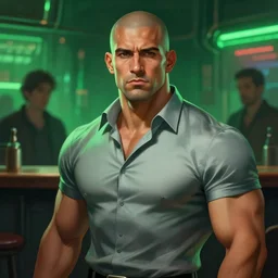 character portrait, muscular latino bald bouncer, fit shirt, cyberpunk bar background, digital painting, green soft neon, bokeh, detailed, highly detailed, smooth, sharp focus, illustration by ruan jia and mandy jurgens and william - adolphe bouguereau, artgerm