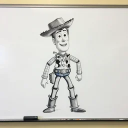 a whiteboard sketch of toy story, marker pen, single line, black on white